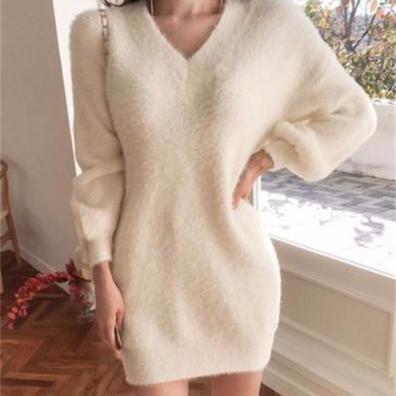 Women 2023 Autumn Winter Imitation Mink Cashmere Long Sleeves Sweater Dress Female V-Neck Casual Slim Knit Dresses Vestidos G683