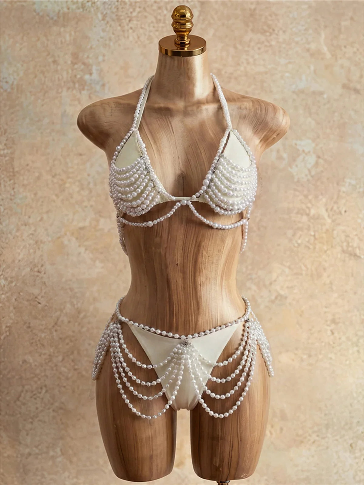 The Stardust Pearl Cascade 4-Piece Bikini – Luxury Pearl Body Chain Showgirl Set