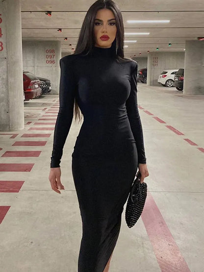 CNYISHE Women Turtleneck Black Sexy Bodycon Maxi Dress 2022 Winter Casual Streetwear Costume Casual Going Out Dresses Women Robe LUXLIFE BRANDS