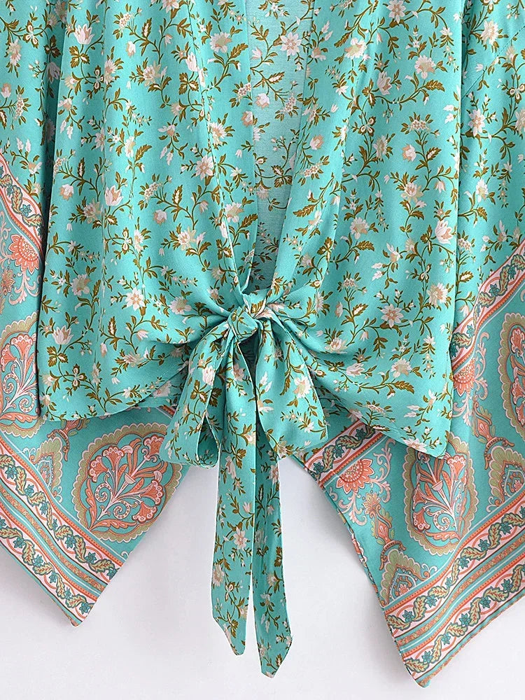 Vintage Boho Kimono Short Robe Bikini Cover Up
