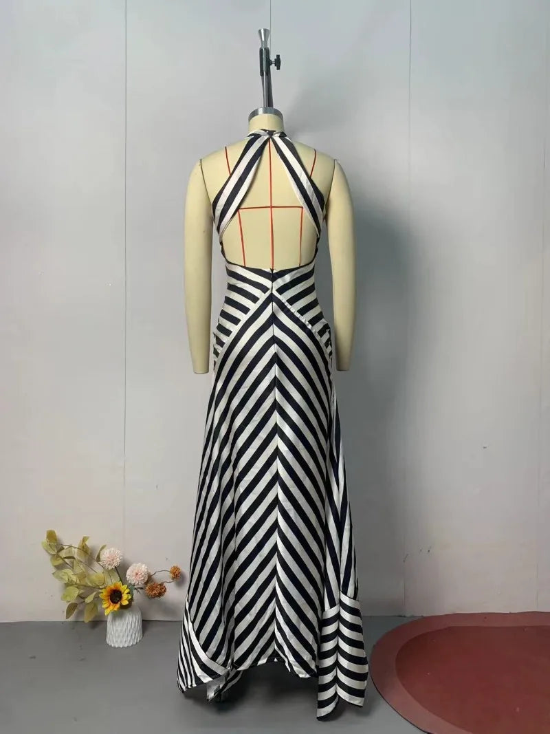 Summer Women Stripe Guest Mermaid Dress Elegant Halter Backless Corset Slim Cocktail Party Evening Celebrity Dress Prom Gown Luxlife Brands