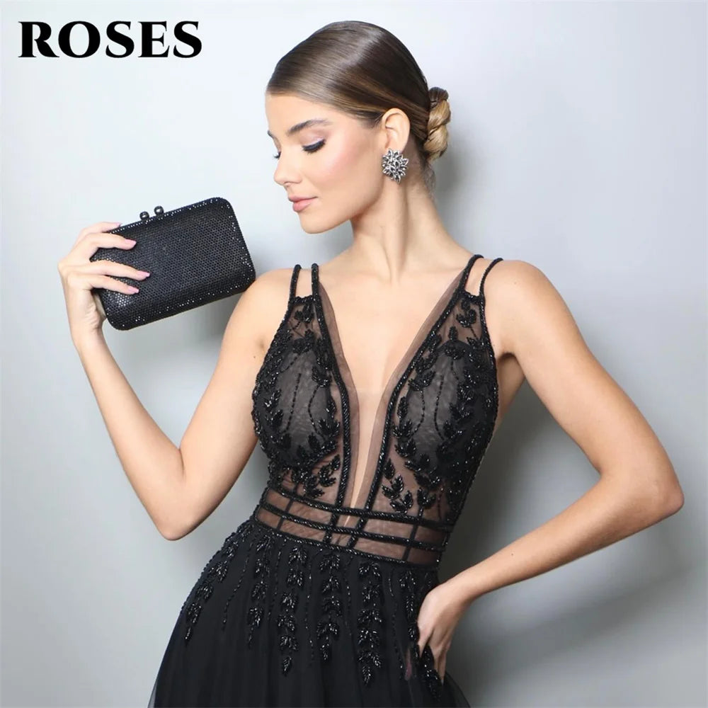 ROSES A Line Tank Evening Dresses Net Beading Sequin Charming Prom Dress Embroidery Party Dresses Custom Size vestidos de noche