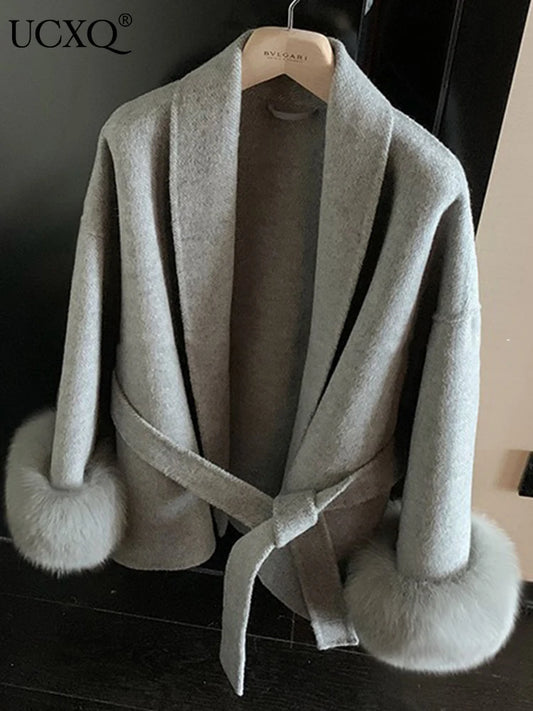 UCXQ Luxury High Quality Fur Patchwork Long Sleeve Lapel Woolen Coat With Belt Casual Loose Blends Jacket Autumn 2023 23A4929 LUXLIFE BRANDS