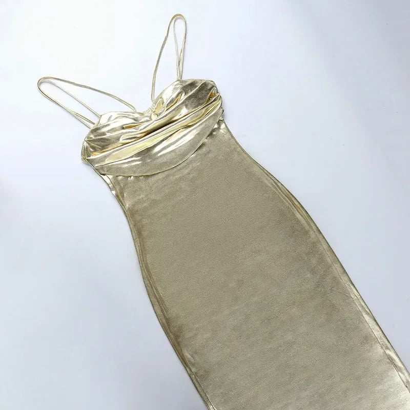 Metallic Soft Gold Slim Midi Dress LUXLIFE BRANDS