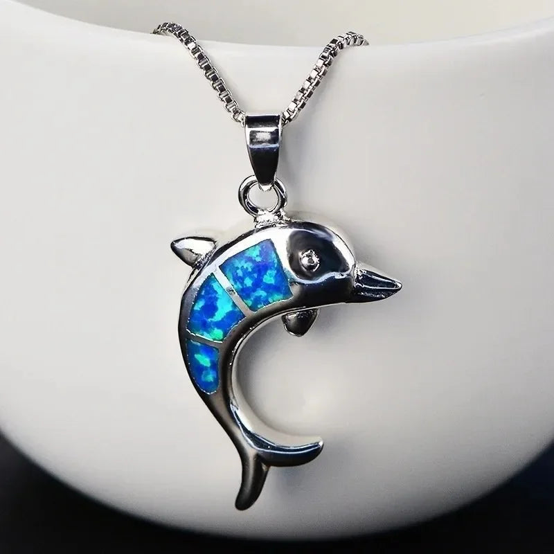 Boho Fashion Sea Animal Dolphin Pendant Necklace for Women Girl Inlay Imitation Blue Opal Necklace Wedding Party Jewelry Luxlife Brands