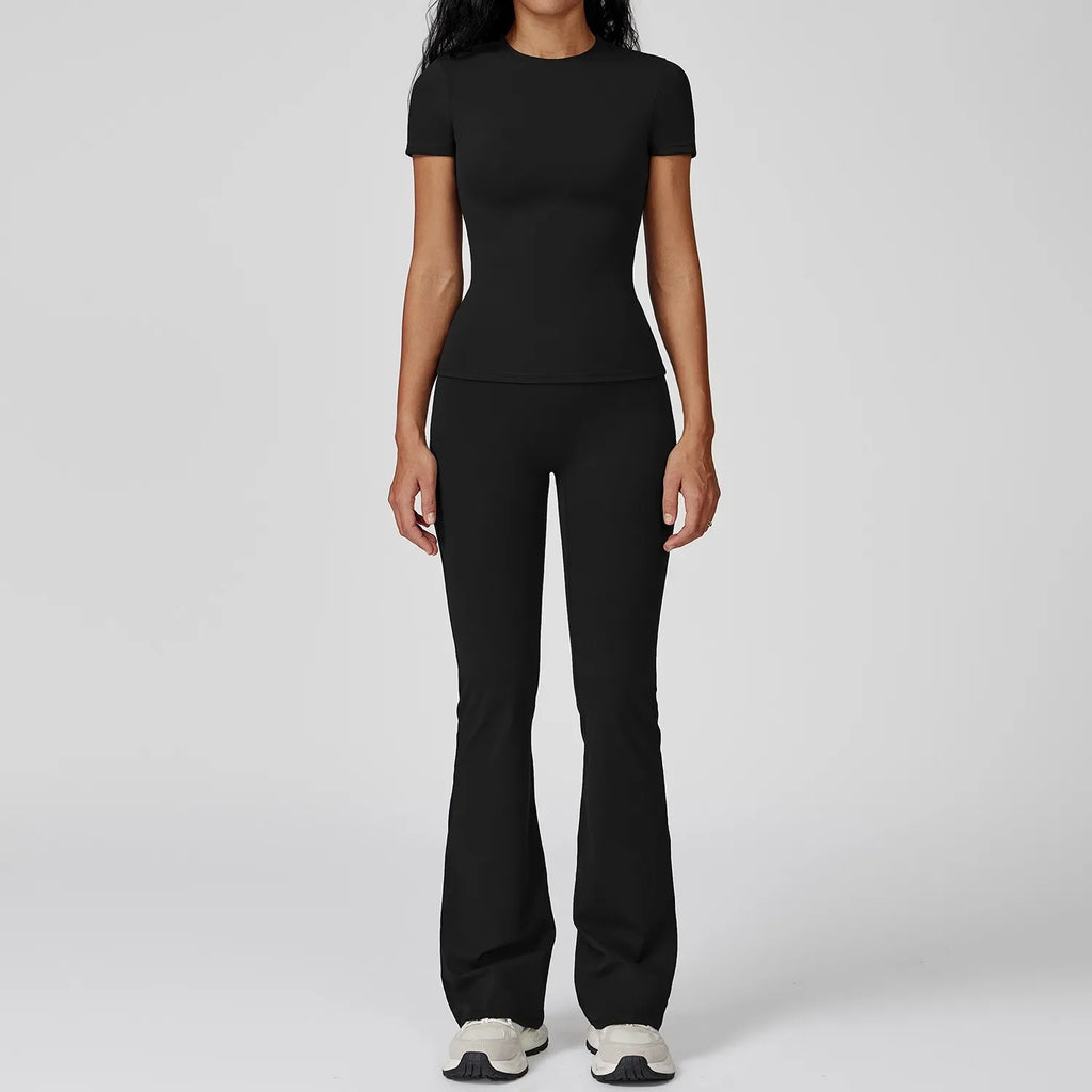 Hearuisavy Women 2 Piece Sport Pants Set Gym Sportswear Workout Short Sleeves Female Push Up Yoga Pants Running Fitness Clothing