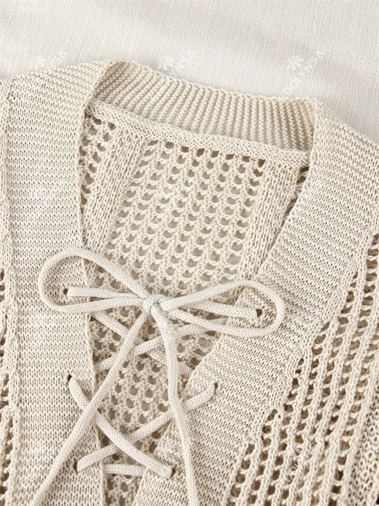 Sexy Deep V-neck Lace-up Bell Sleeve Knit Mesh Hollow Out Beach Mini Dress 2025 Summer Swimsuit Cover Up Women Casual Tunic K14 Luxlife Brands