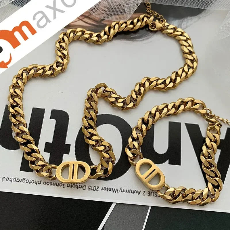 Cocoguchi golden color Thick Letter  Titanium Steel Necklace & Bracelet for Women four sealsonal wearage popular fashion jewelry LUXLIFE BRANDS