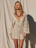 Sexy Deep V-neck Lace-up Bell Sleeve Knit Mesh Hollow Out Beach Mini Dress 2025 Summer Swimsuit Cover Up Women Casual Tunic K14 Luxlife Brands