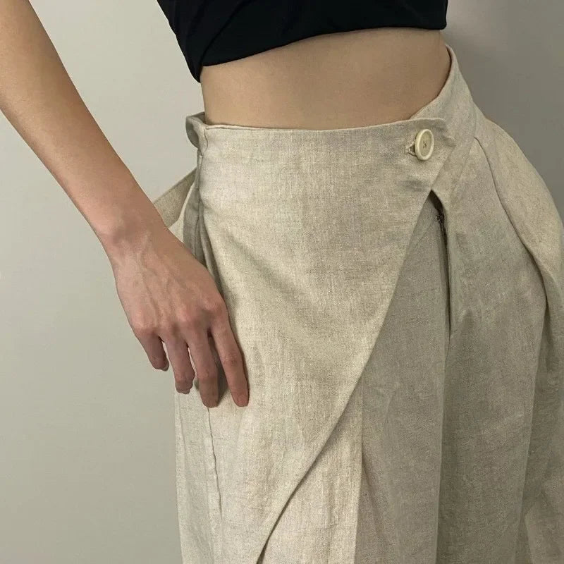 Hikigawa Chic Fashion Women Casual Pleated Wide Leg Pants Linen Texture All Match Loose High Waist Trousers Mujer Pantalones