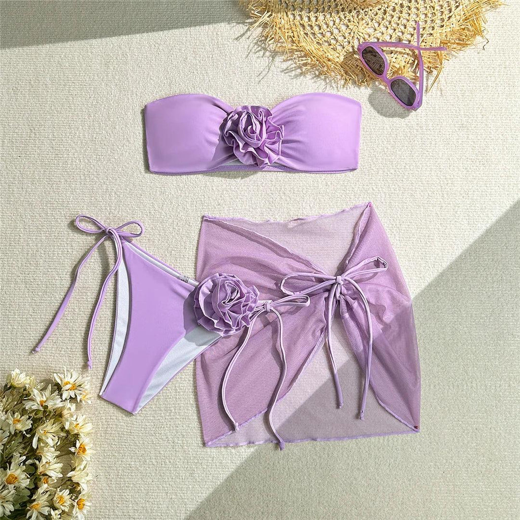 New 3D Flowers With Sarong Bandeau Bikini Female Swimsuit Women Swimwear Three-pieces Bikini set Bather Bathing Suit Swim V5526