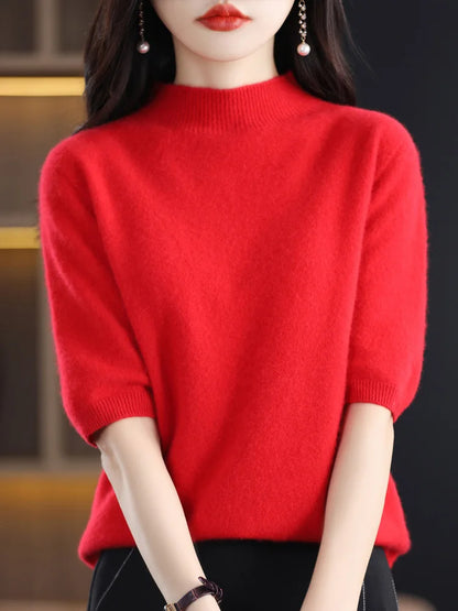 Fashion Half Short Sleeve 100% Merino Wool Sweater Basic Mock-Neck  Cashmere Women Knitted Top  Pullover Clothing Tops