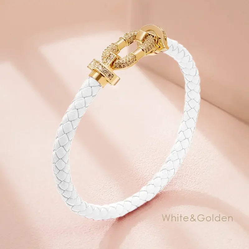 MOONLIGHT Women's Trendy Round Metal Brand Genuine Braided Leather Bracelet Cubic Zirconia Bracelet Female Jewelry Accessories