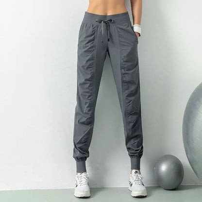 Fabric Drawstring Running Sport Joggers Women Quick Dry Athletic Gym Fitness Sweatpants with Two Side Pockets Exercise Pants