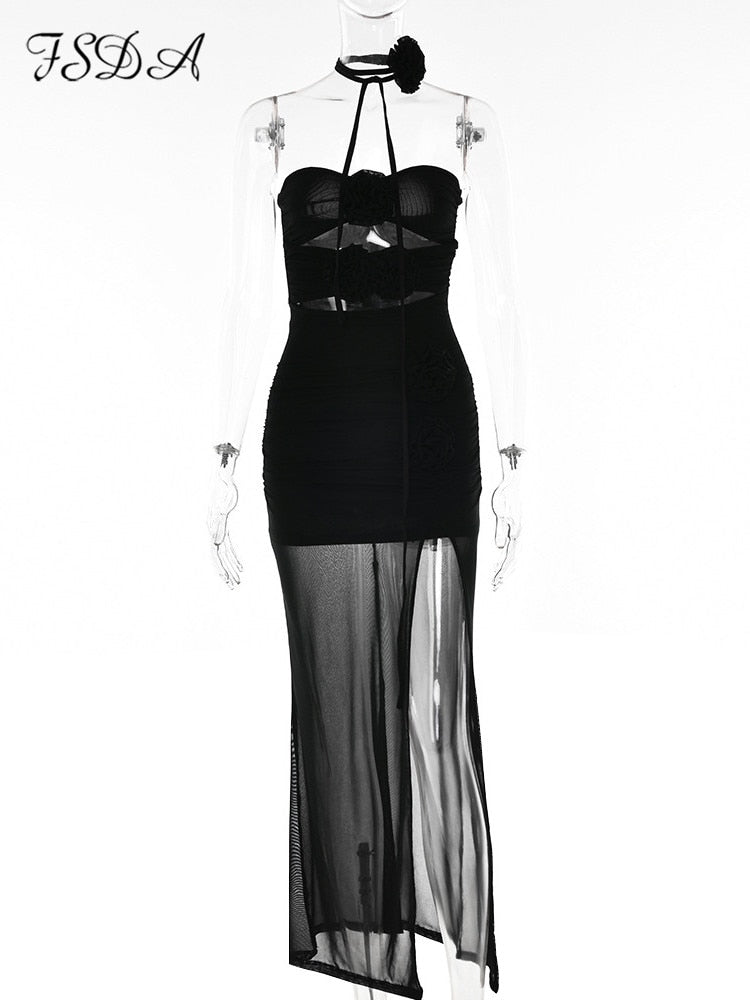 FSDA 2022 Halter Neck Bodycon Elegant Dress Black Women Hollow Out Backless Club Mesh Party Dresses Maxi Floral Split Clothes