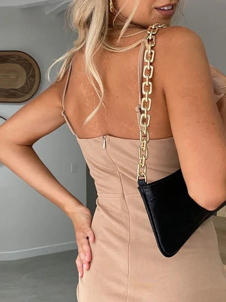 Summer Slim Elegant Solid Party Dress Women Fashion High Street Backless Zipper Dress New Sexy Sling Hollow Split Midi Dresses Luxlife Brands