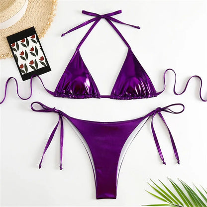 Halter Triangle Sexy Bikini Sets 2023Women Patent Leather Glitter Swimsuit Summer Solid G-String Swimwear Side Lace Up Monokini