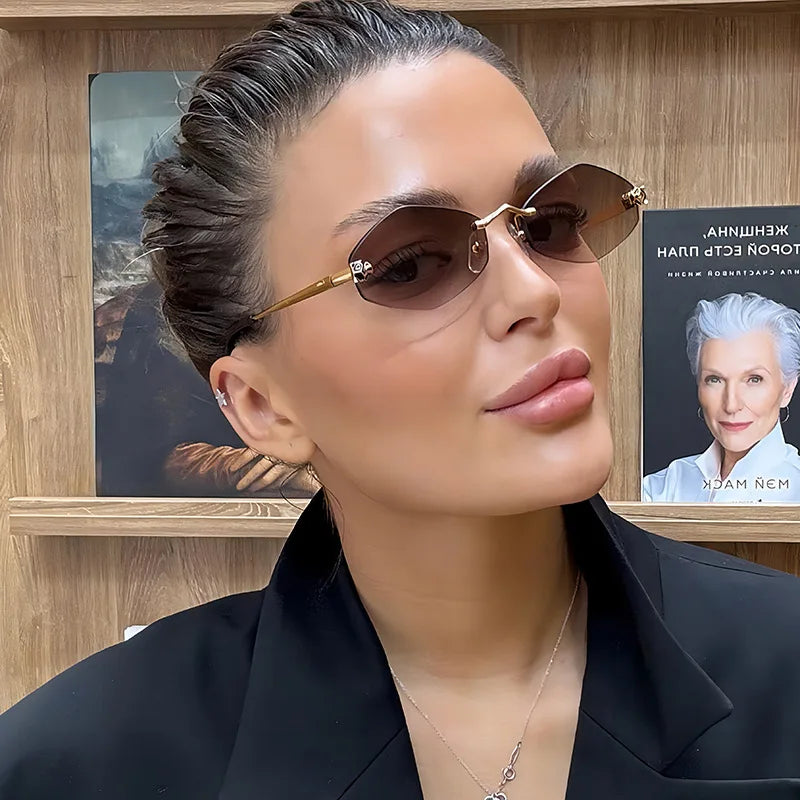Luxury Polygon Sunglasses for Women Hipster Irregular Rimless Sunglasses Ladies Small Metal Frame Vintage Rhombus Eyewear Brown