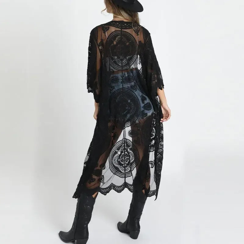 TEELYNN sexy see through long lace blouse women bikini cover up sheer vintage summer Cardigan boho beach kaftan robe vestidos