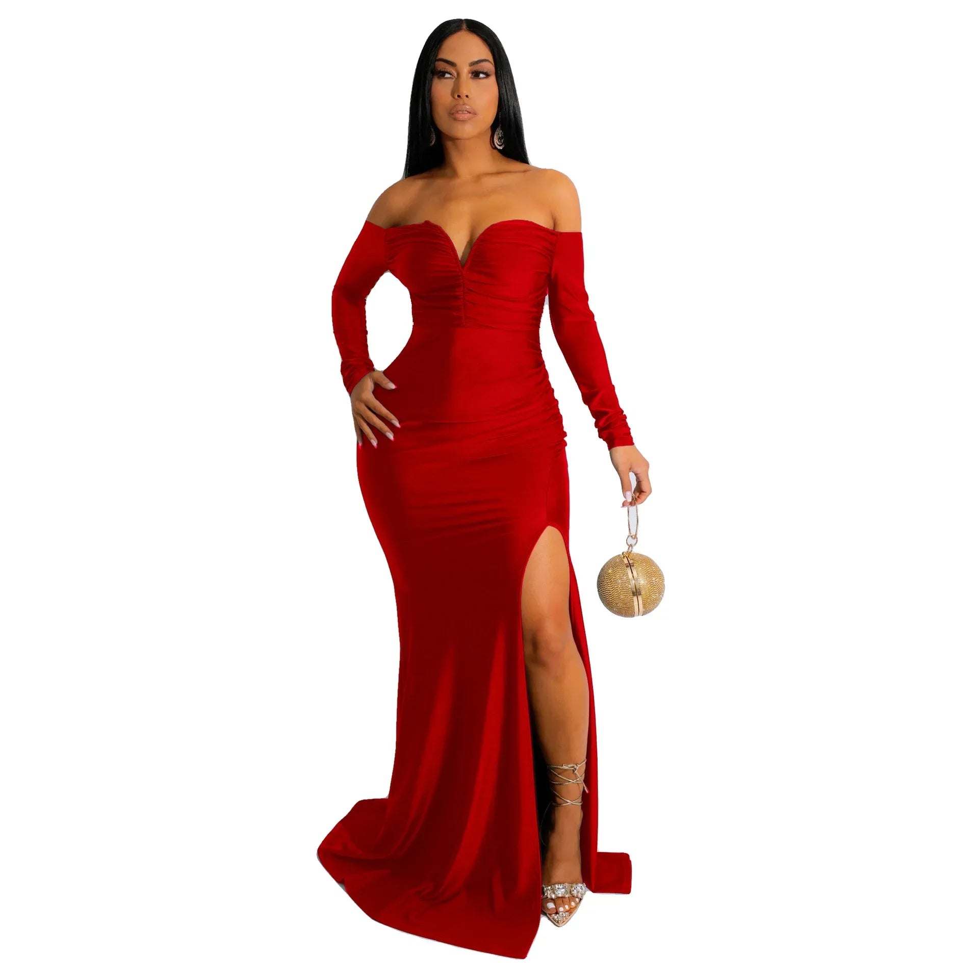 LUX V Neck Off Shoulder Bodycon Evening Gown