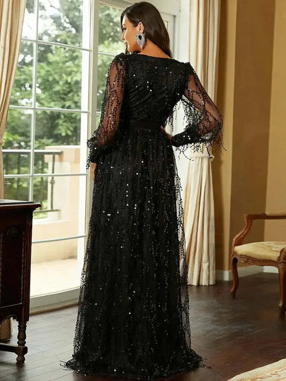 Sequin Sexy Bodycon Women Summer Dress Long Sleeve Mesh Sleeve Maxi Floor Length Elegant Evening Black Dress