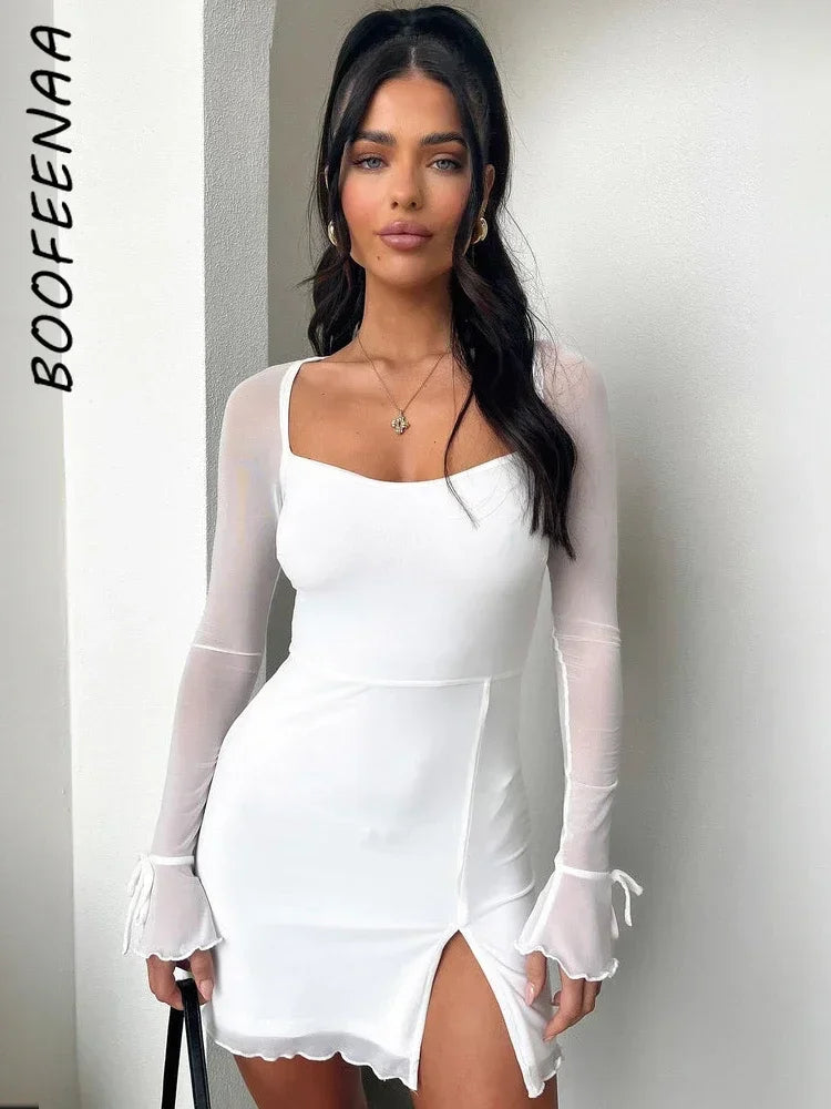 BOOFEENAA See Through Mesh Long Sleeve Dress White Black Sexy Club Outfits Square Neck Slit Mini Dresses for Women C18-BH24 LUXLIFE BRANDS