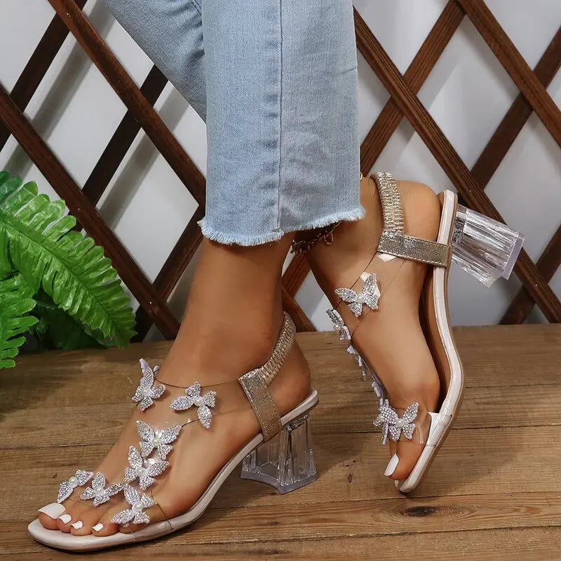 Sandals Women&#39;s Summer New Fashion Women&#39;s Shiny Butterfly Flowers Rhinestone Transparent Root Open Toe Sandals Women&#39;s Shoes