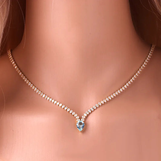 High Quality Iced Out Chain Water Drop Cubic Zirconia Light Blue Necklace for Women 18K Gold Plated Bridal Wedding Party Jewelry LUXLIFE BRANDS