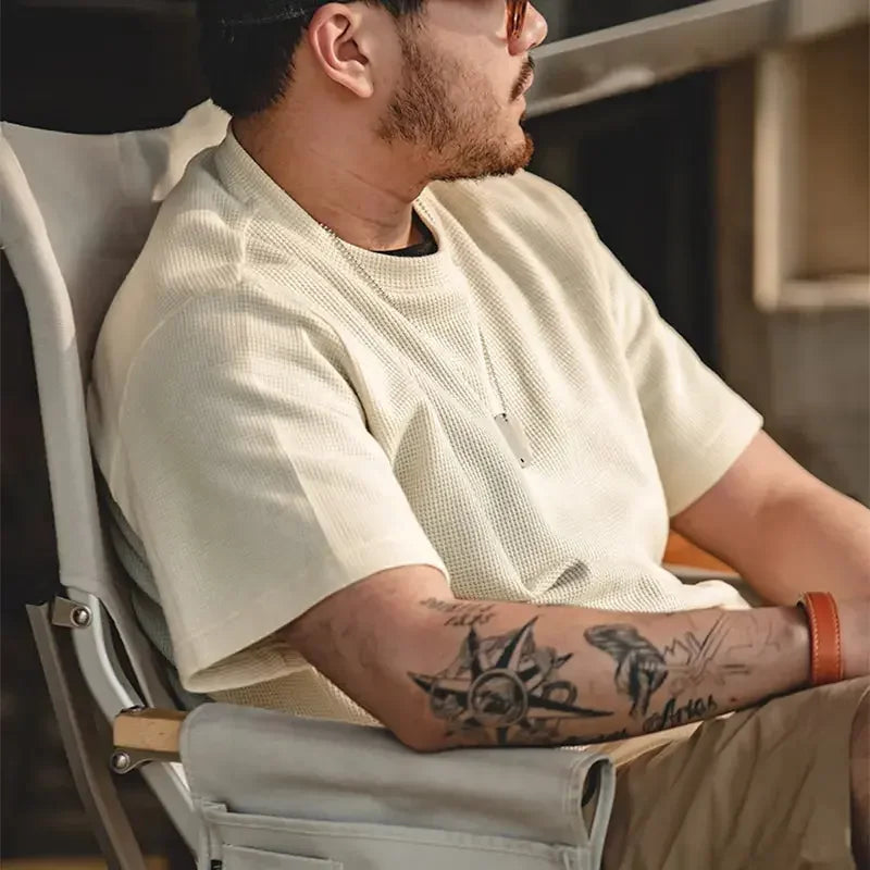 Maden Retro Round Neck Knit Waffle T-shirts for Men Loose Oversize Casual Short Sleeve Tee 2023 Summer Basic Solid Workwear Tops - LUXLIFE BRANDS