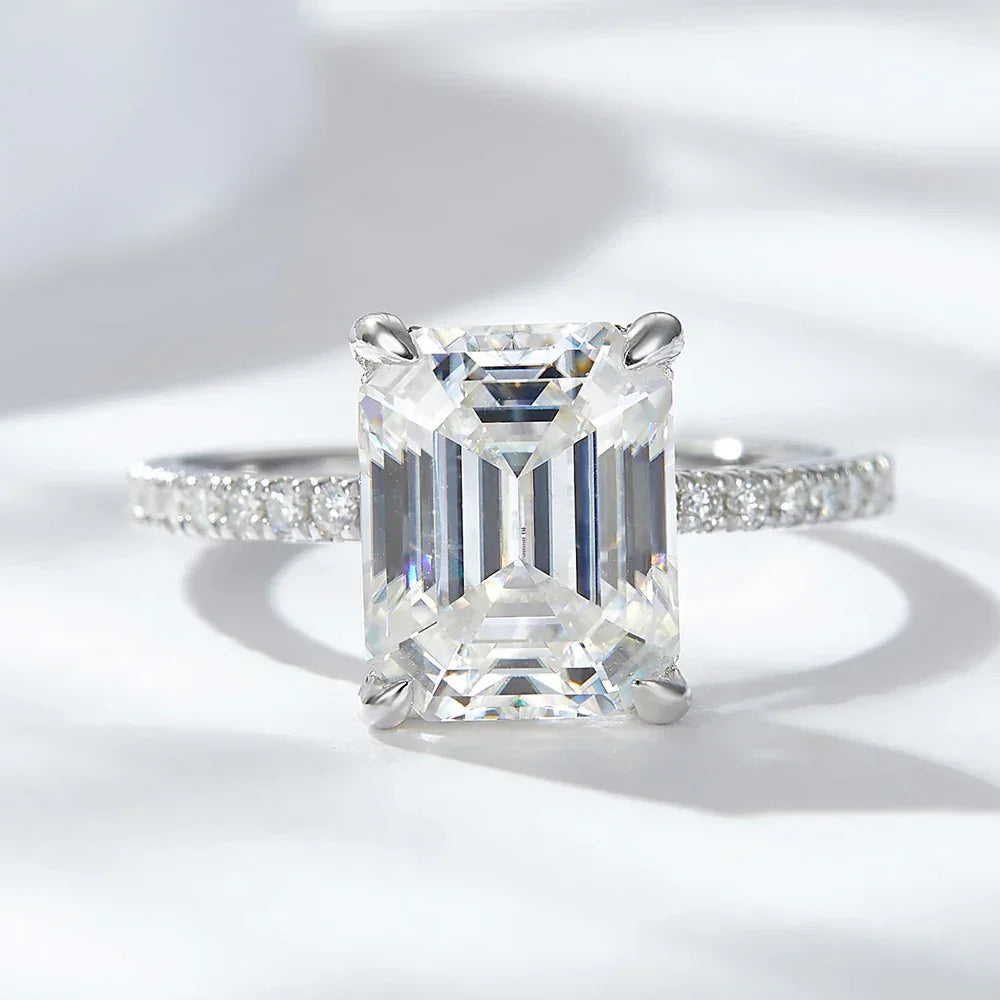 Emerald/Radiant Cut Real Full Moissanite Ring for Women 8*10mm D Color Diamond 925 Sterling Silver Wedding Band with Certificate Luxlife Brands