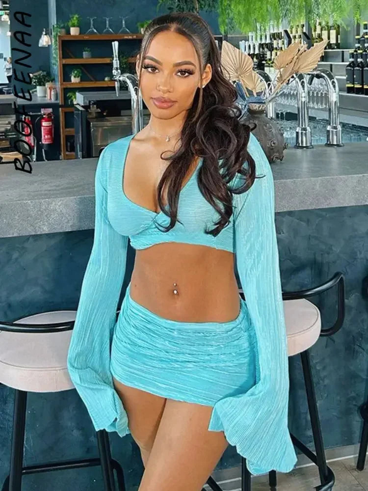 Destiny Beach Club Flared Long Sleeve Top & Skirt Set LUXLIFE BRANDS