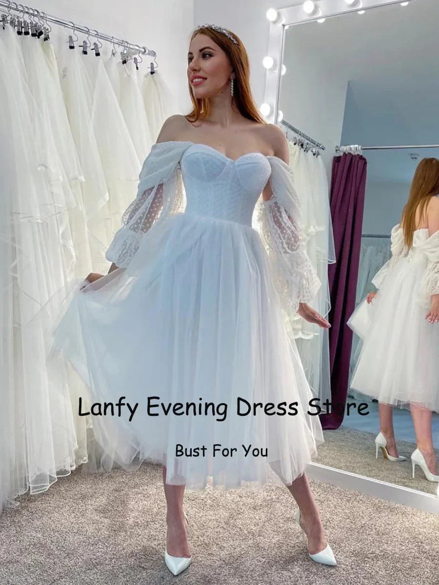 Tulle Little White Wedding Dresses 2023 Sweetheart A-line Short Bride Gowns Tulle Mid Civil Wedding Dress Engagement Skirts LUXLIFE BRANDS