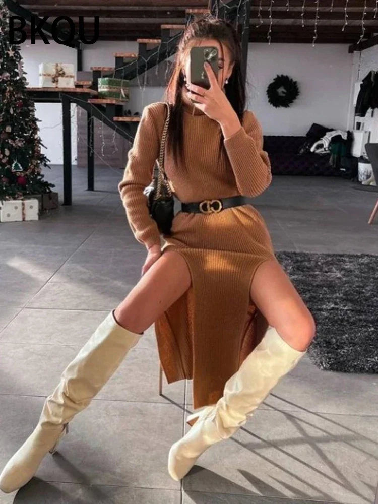 Women's Double Split Ribbed Sweater Midi Dress LUXLIFE BRANDS