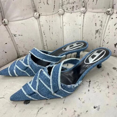 High Quality 2023 Low Heel Slippers for Women Vintage Denim Pointed High Heel Pointed Fashion Sandals for Women shoes for women