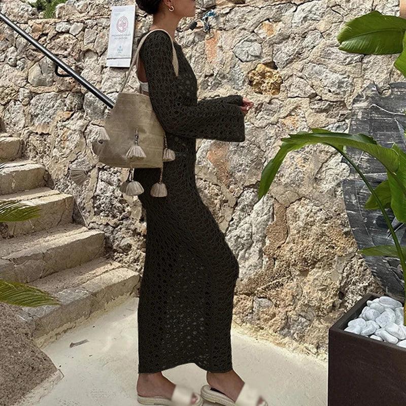 Women's Sexy Swimwear Cover Up Beach Crochet Covers Bikini Coverups Vacation Outfits with Mesh Sheer Maxi Dress For Beach Mujer