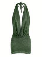 2026 Women New Year Bright Silk Dresses Sexy Stacked V Halter Neck Backless Knit Beach Mini Dress Summer Swimsuit Cover Up K145 Luxlife Brands