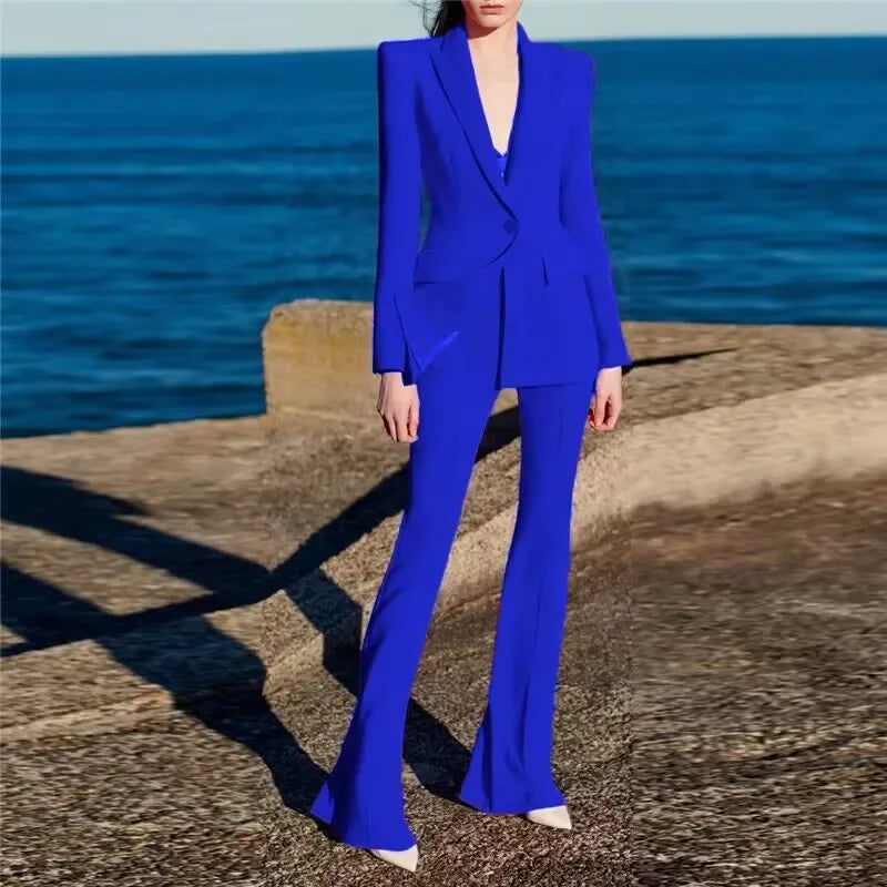 Single Button Flared Pants Blazer + Pants Suit Set