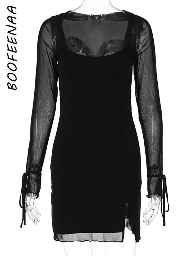 BOOFEENAA See Through Mesh Long Sleeve Dress White Black Sexy Club Outfits Square Neck Slit Mini Dresses for Women C18-BH24 LUXLIFE BRANDS