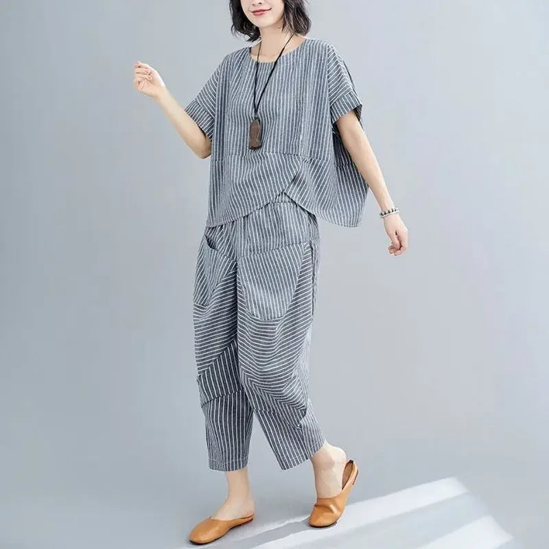 Large Size Casual Suits Women's Clothing Summer Cotton Linen Thin Irregular Short Sleeve T-shirt Loose Harem Pants 2 Piece Sets