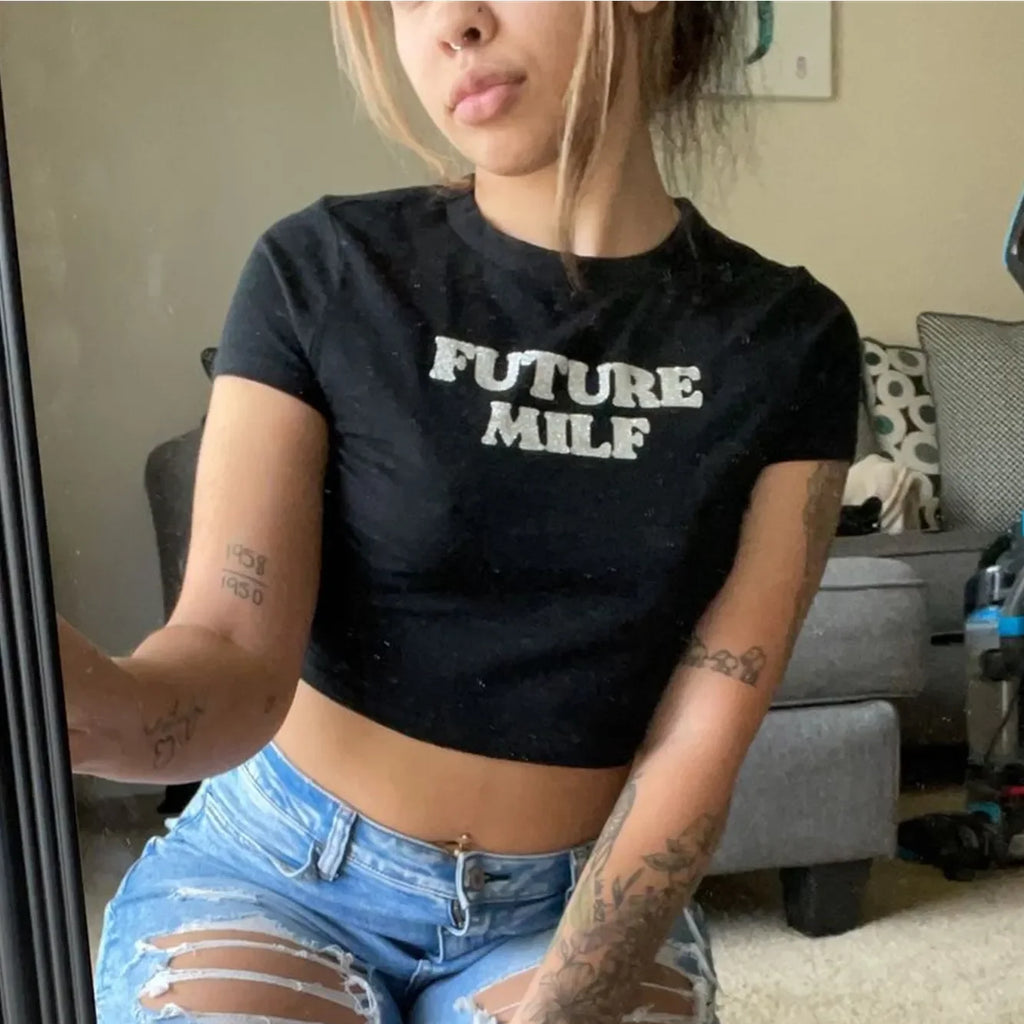 FUTURE MILF Black Baby Crop Tee Aesthetic Top 2000s Inspired Tee Y2K Slogan Graphic Fashion Girls Cotton T-Shirt Gift For Her LUXLIFE BRANDS
