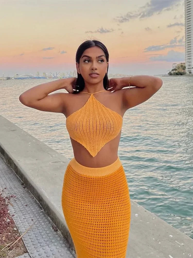 hirigin Fashion Knitted Summer Holiday Beach 2 Piece Sets Outfits for Women Elegant Top and Skirt Sexy Matching Sets Co-Ord Sets