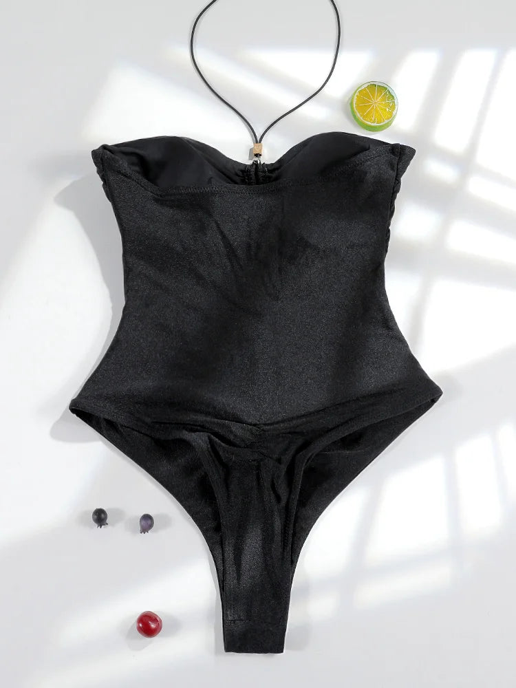 Miyouj Solid Color Swimwear Women's Swimsuit Bandage One Piece Suit High Waist Beachwear High Cut Bathsuit Hollow Out Swimsuits