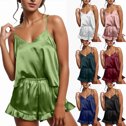 Women's Sexy Silk Satin Ruffled Pajamas Sets Shorts Sets Sleepwear Elegant Nightwear Solid Camis High Waist Vintage Summer