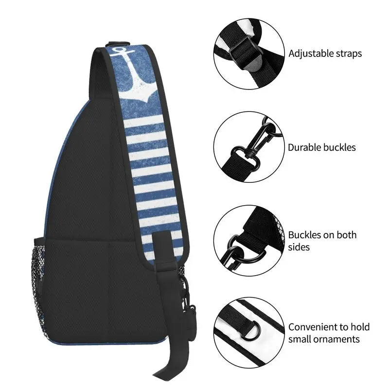 Vintage Anchor With Stripes Sling Chest Crossbody Bag Men Casual Nautical Marine Shoulder Backpack for Hiking