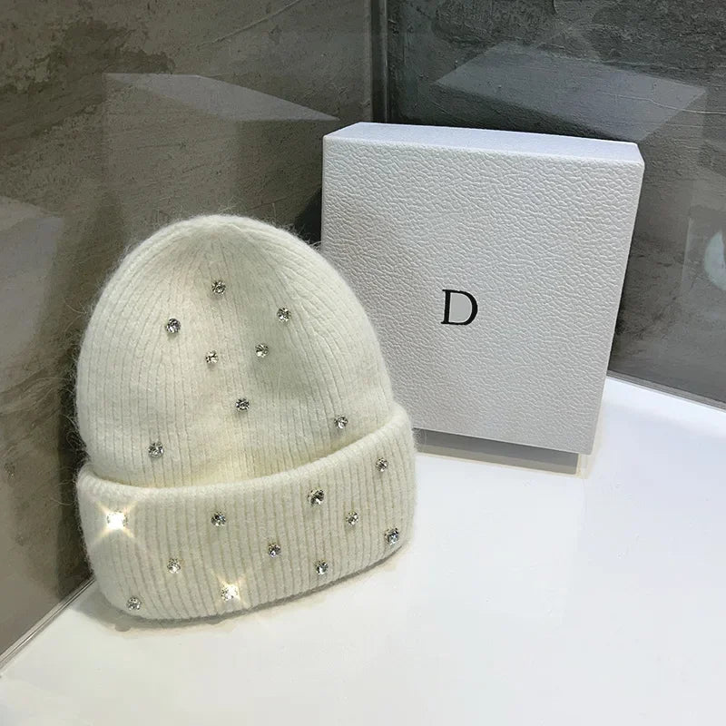 Luxury Rhinestone Beads Knitted Hat Korean Women Rabbit Fur Wool Skullies Cap Winter Fashion Thickened Warm Bonnet Beaanies Luxlife Brands