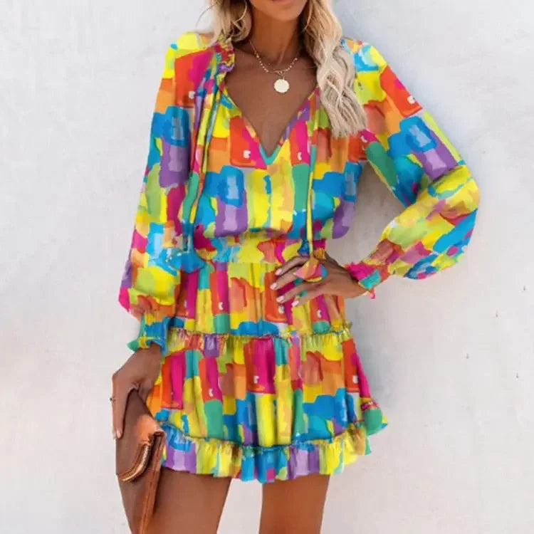 Women's Dresses 2023 Spring Fashion Floral Print Long Sleeve V Neck Casual Lantern Sleeve Ruffle Mini Waist Dress