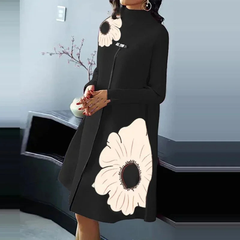 New Autumn Winter Women Long Sleeved High Split Design Dress Female Flower Printed Loose A-Line Dress Lady Half Turtleneck Dress LUXLIFE BRANDS