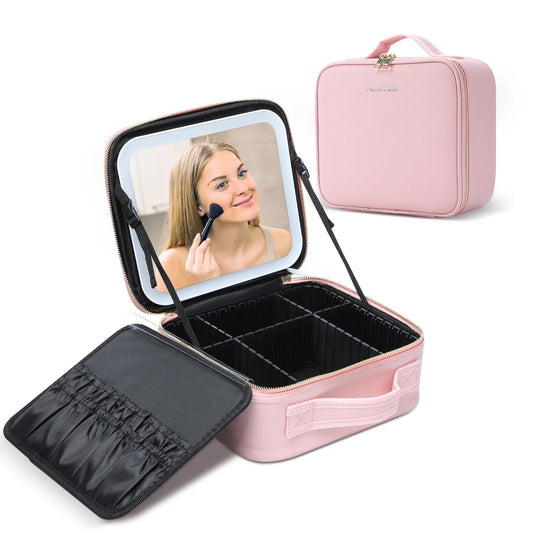 Makeup Train Case with 3 Color Adjustable Brightness LED Mirror Cosmetic Travel Case Adjustable Dividers Toiletry Bag for Lady LUXLIFE BRANDS
