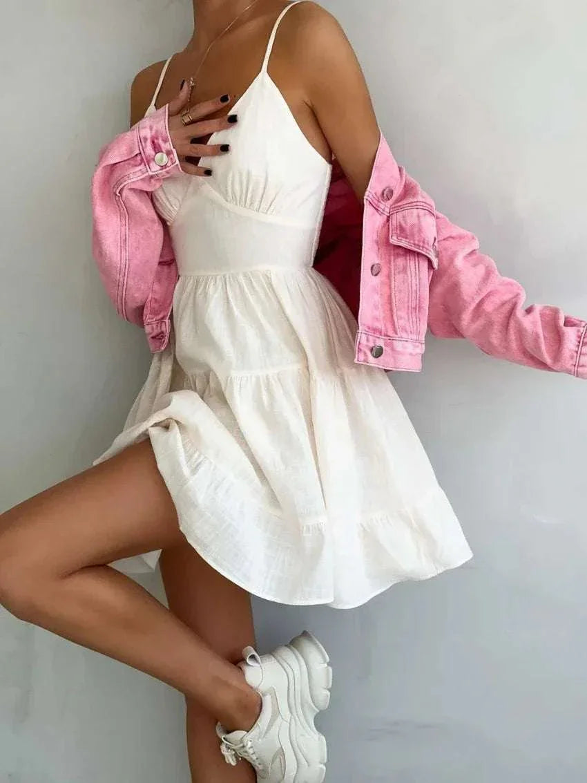 Wolfeel Spring Summer Women's Linen Cotton Dress Vintage  A-line Sling Dress Sexy Hot Girl V-neck Camisole RUFFLES Dress