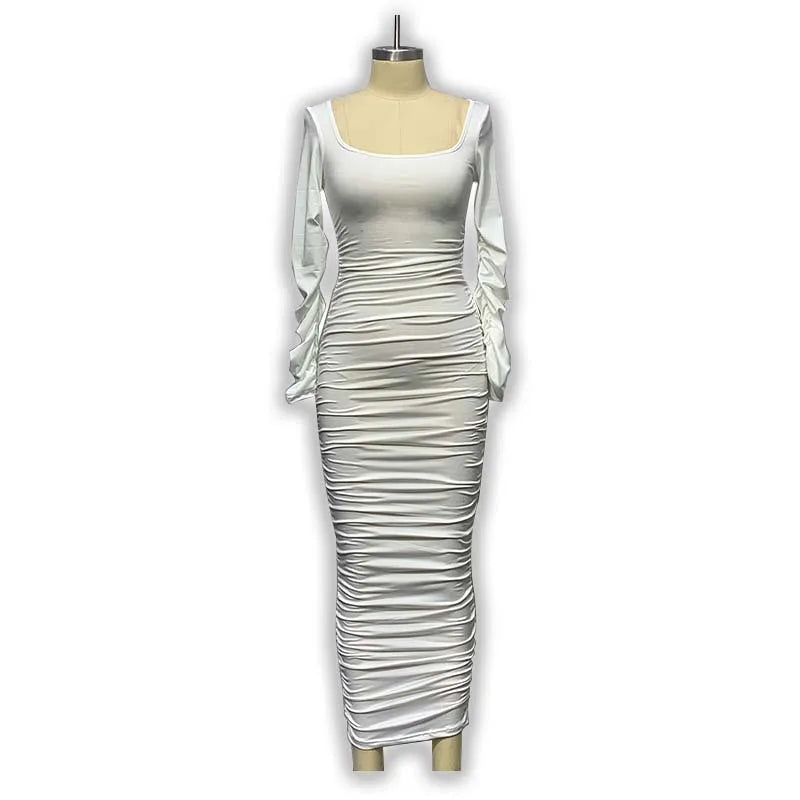 Whitney White Pleated Long Sleeve Dress LUXLIFE BRANDS
